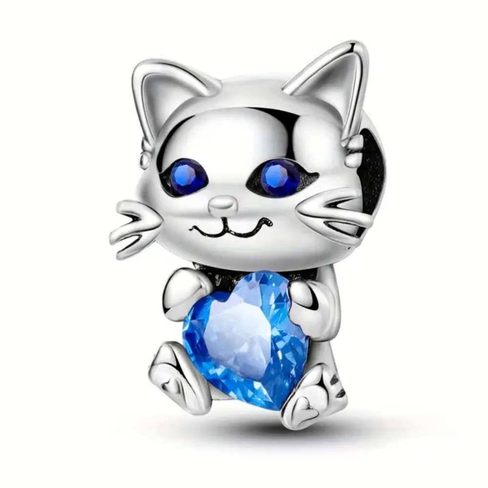 925 September Birthstone Blue Eyed Cat With Blue Heart-Charm For Bracelets-NEW